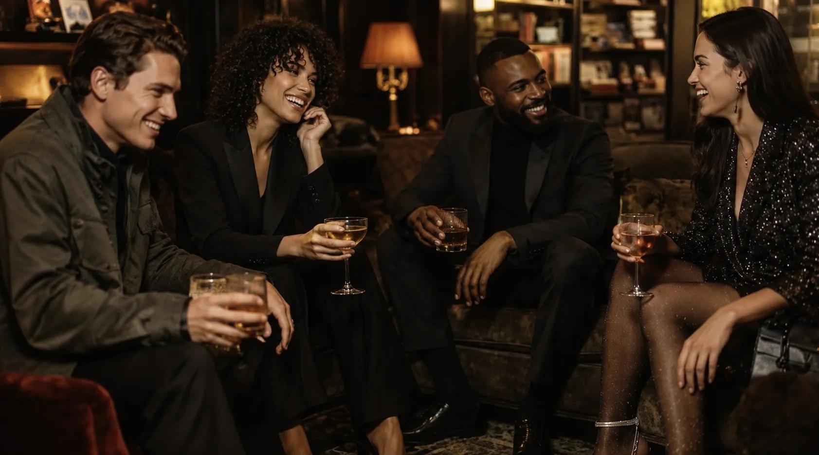 Vier stilvoll gekleidete Personen genießen Drinks und unterhalten sich in einer eleganten Lounge