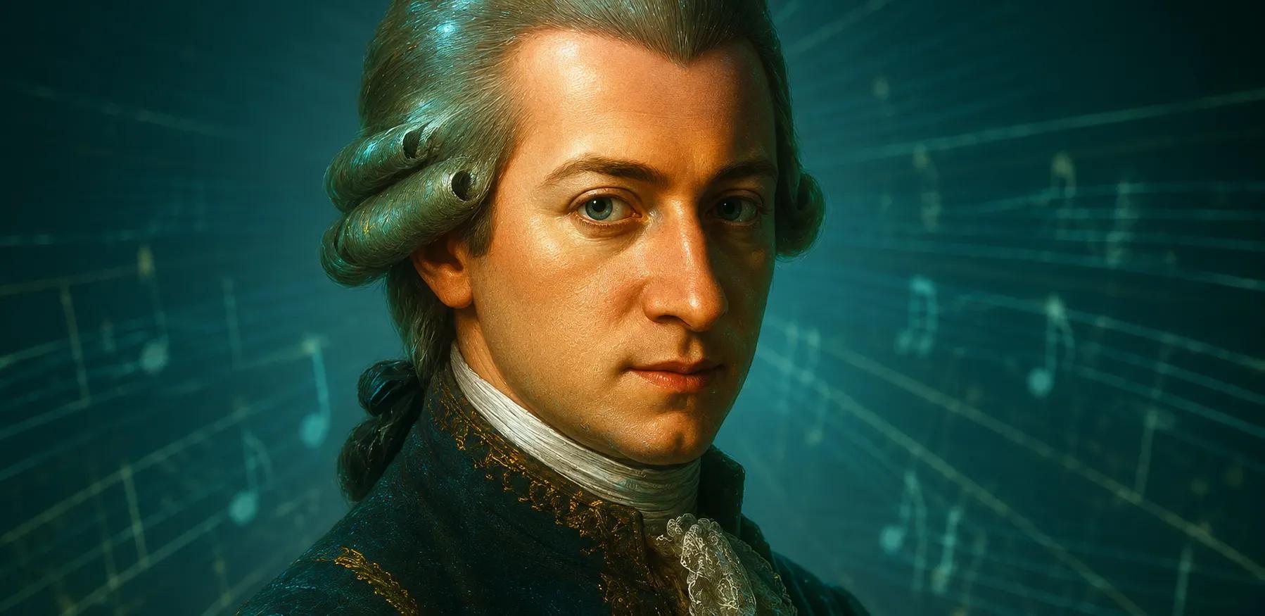 Porträt von Wolfgang Amadeus Mozart mit modernen Lichteffekten als Key Visual der multimedialen Ausstellung MYTHOS MOZART im STEFFL Department Store.