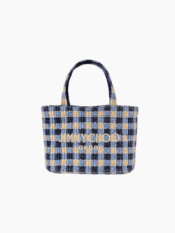 Freisteller Newsletter Ana - JIMMY CHOO_STEFFL_BEACH TOTE E-W_GINGHAM_RAFFIA W_JIMMY CHOO_LOGO MARINE MIX_ECRU