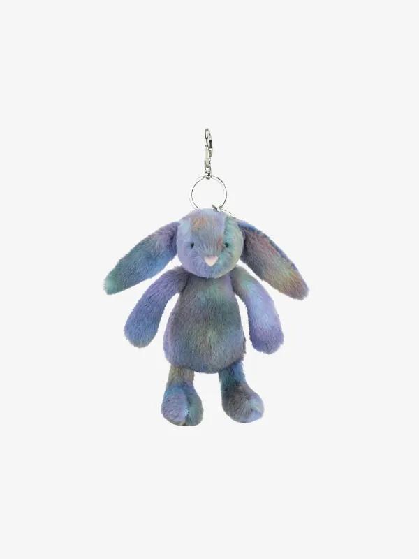 Plush bunny keychain in iridescent pastel tones against a white background