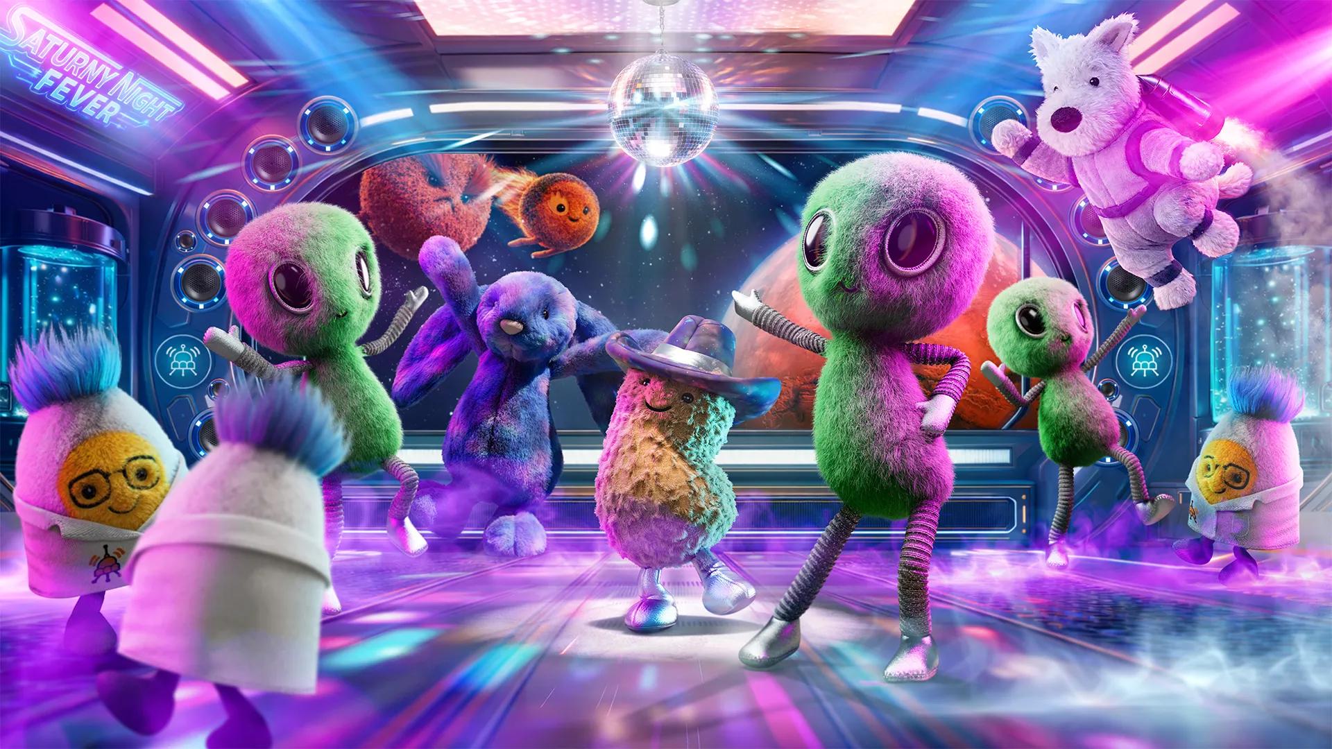 Colorful fantasy characters dancing in a futuristic disco with neon lights and a disco ball in a space-themed setting