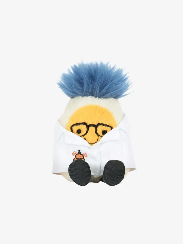 Fuzzy plush character with blue hair, glasses and a white lab coat against a white background