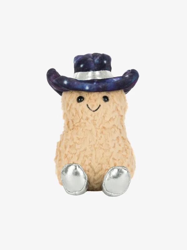 Fuzzy peanut-shaped plush character with a smiling face, silver feet, and a dark blue cowboy hat against a light background